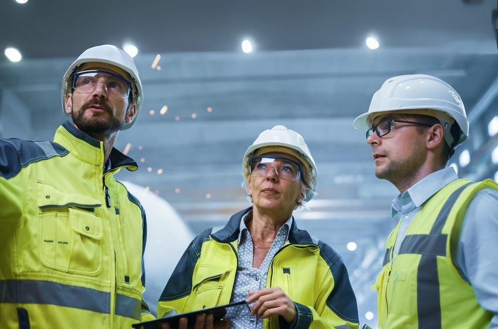 Three safety leaders in hard hats and high-visibility jackets reviewing a work area